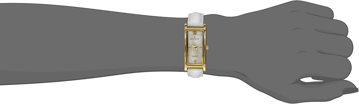 14K Gold Plated White Mother of Pearl Roman Numeral White Leather Thin Strap Dress Watch X747178