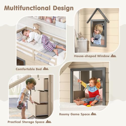 Twin Low Loft Bed with 3 Storage Drawers, Wood Loft Bed with Slide, Ladder, Guardrails A327137
