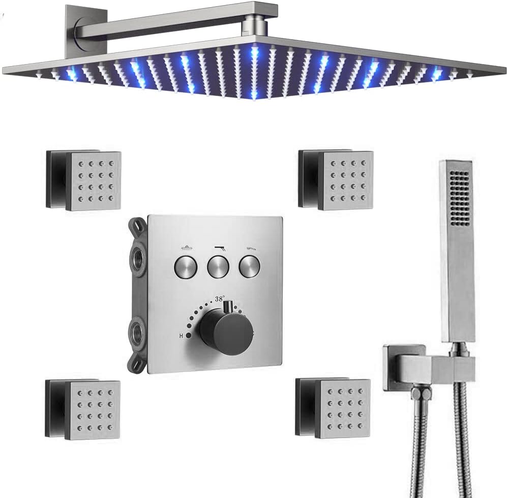 12 Inch Brushed Nickel Thermostatic Rain Shower Head Combo System R9635