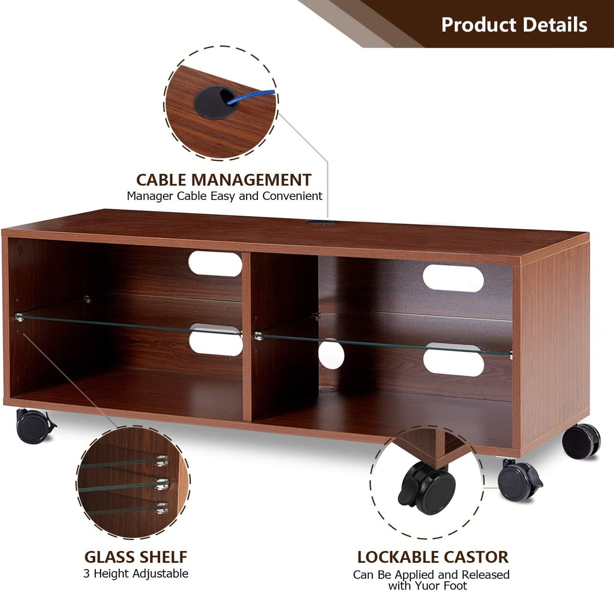 Rolling Wood Corner TV Console Stand with Wheels and Cabinets for up to 60 inch TVs, Walnut M38717
