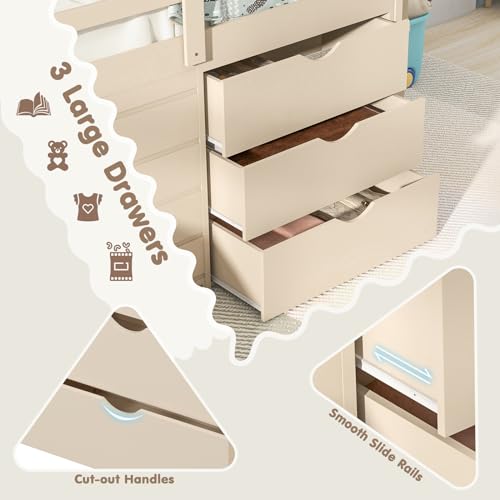 Twin Low Loft Bed with 3 Storage Drawers, Wood Loft Bed with Slide, Ladder, Guardrails A327137