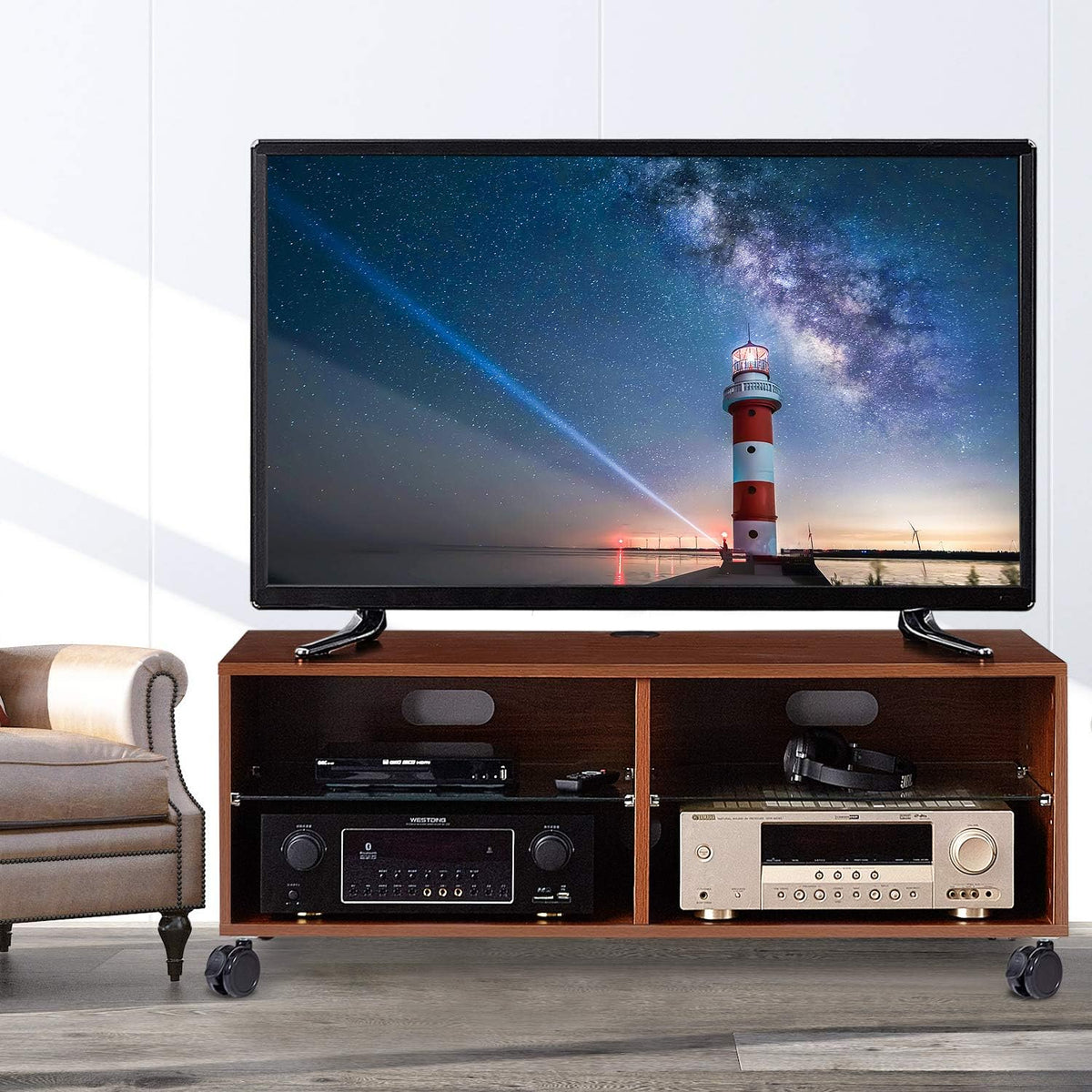 Rolling Wood Corner TV Console Stand with Wheels and Cabinets for up to 60 inch TVs, Walnut M38717