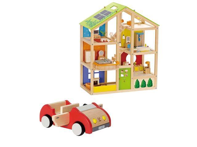 6 Room Wooden Dollhouse Bundle with Wooden Family Play Toy Car B68525