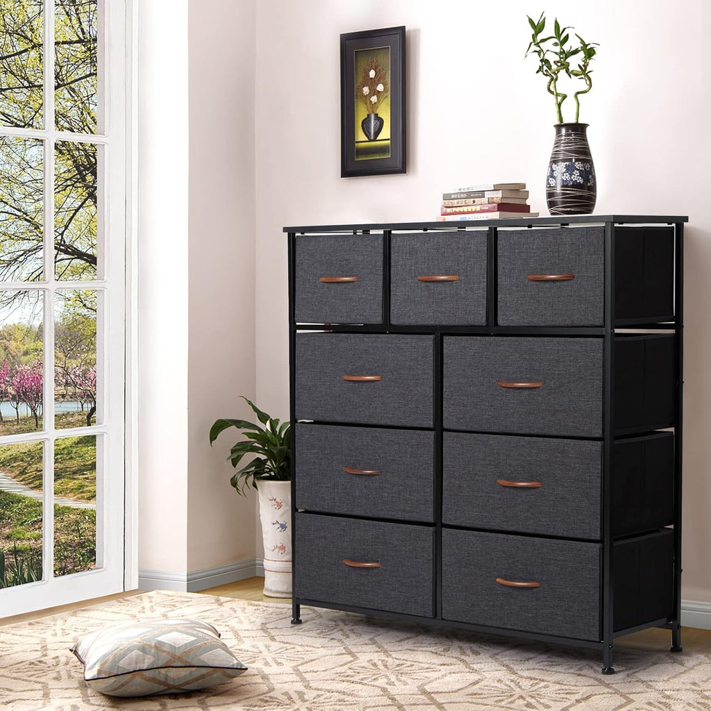Grey 9 Drawer Dresser with Steel Frame and Wooden Top M524
