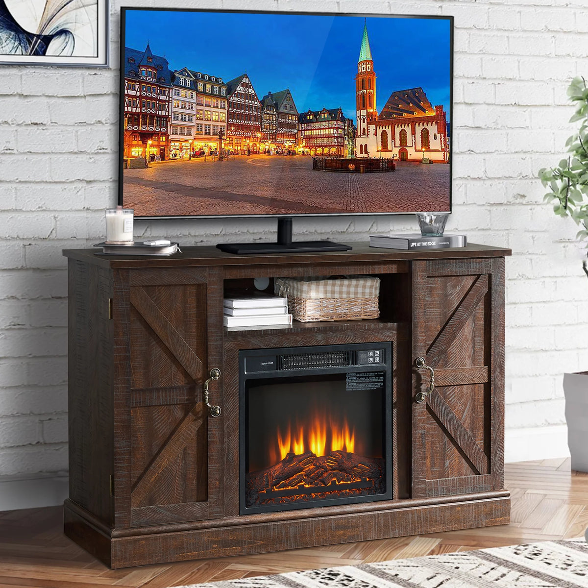 Brown Fireplace TV Stand with Electric Fireplace Heater C45208