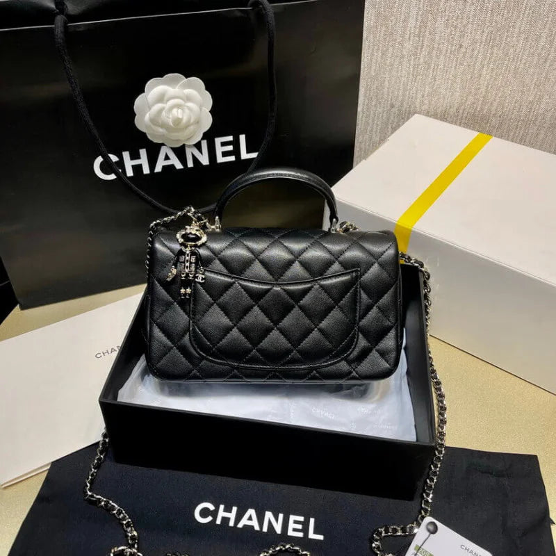 Black Lambskin Mini Flap Bag With Top Handle M7195