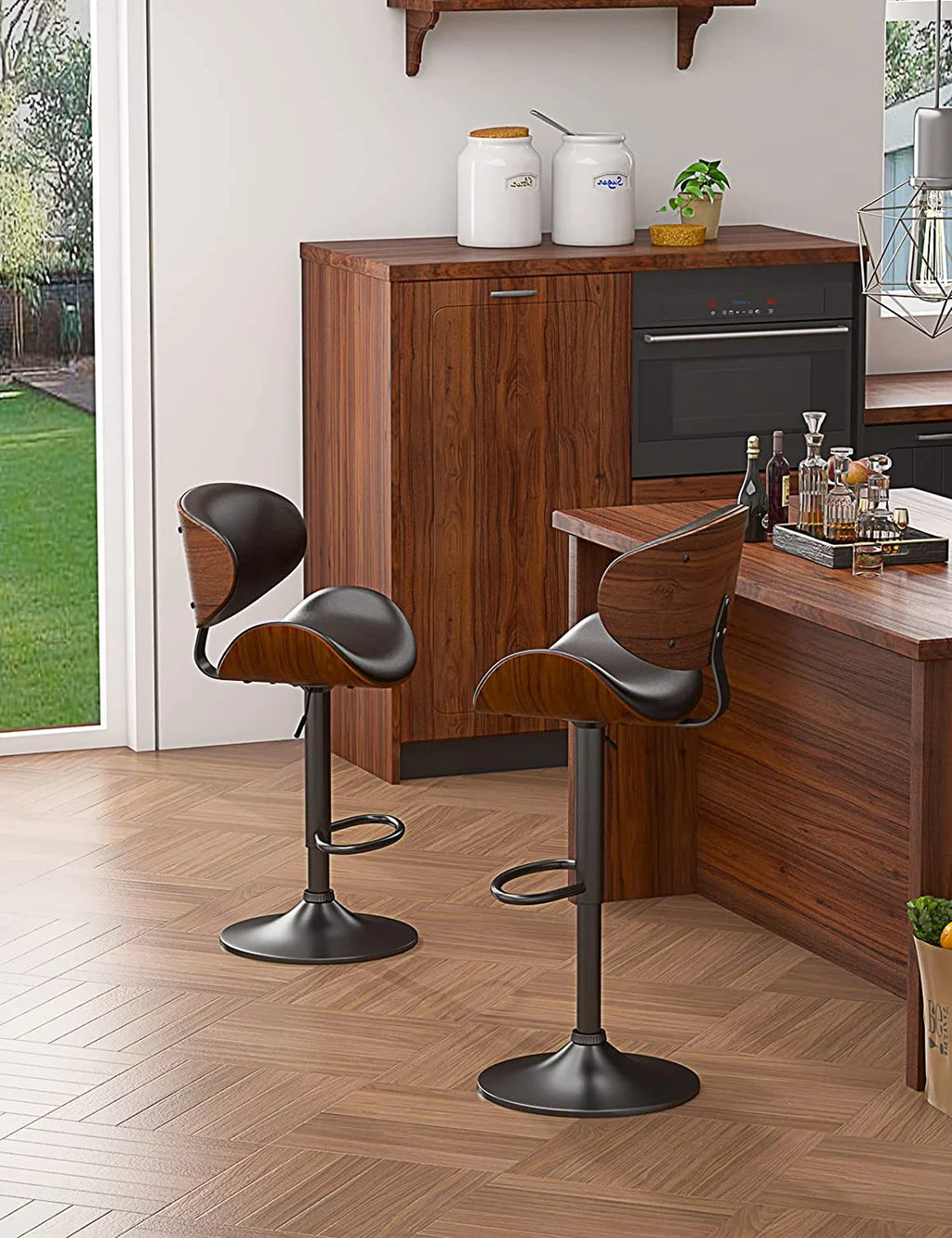 Swivel Bar Stools Set of 2, Adjustable PU Leather with Back and Footrest L19055