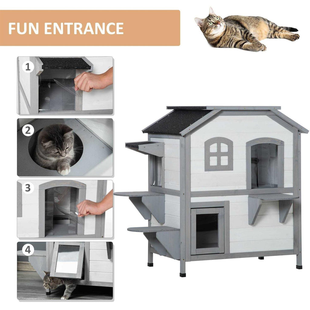 Wooden 2-Story Outdoor Cat House with Escape Door L41448