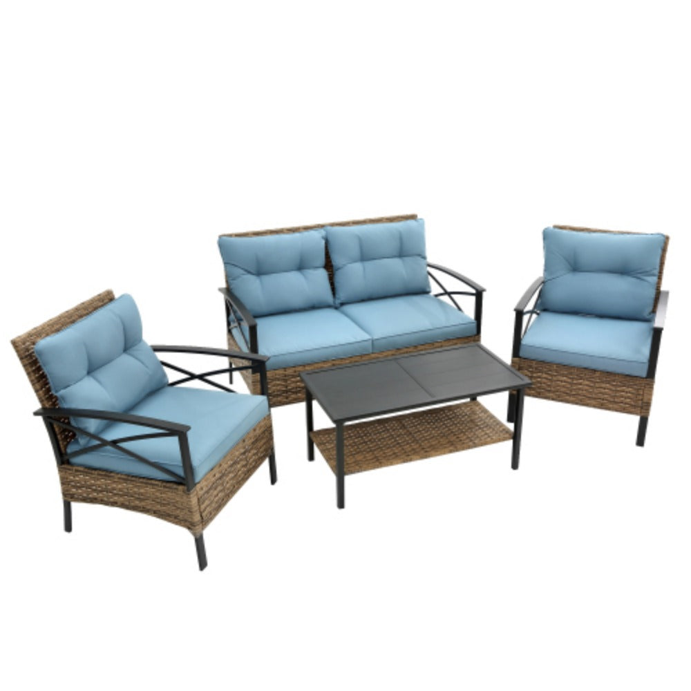 4 Piece Rattan Wicker Outdoor Corner Sofa Set with Cushion M120