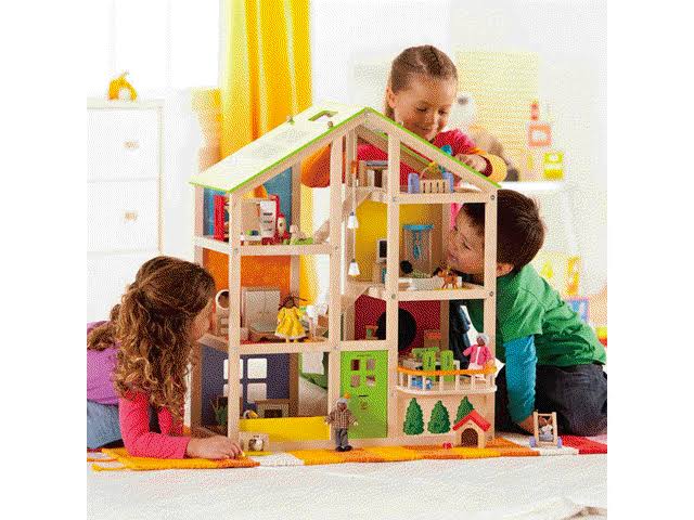 6 Room Wooden Dollhouse Bundle with Wooden Family Play Toy Car B68525
