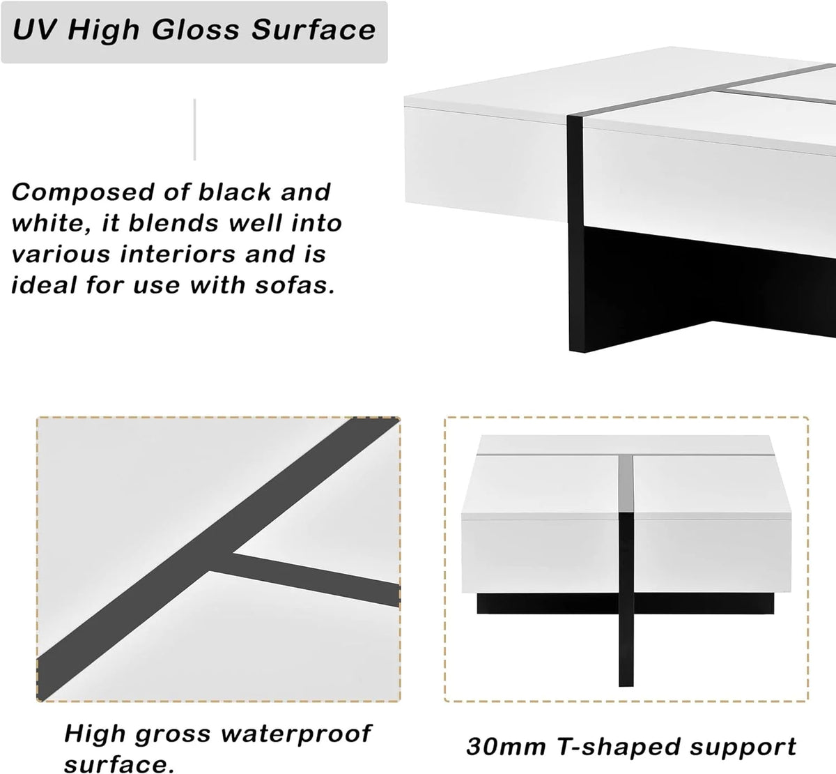 Rectangle Coffee Table with Large Drawer, High Gloss White G5771