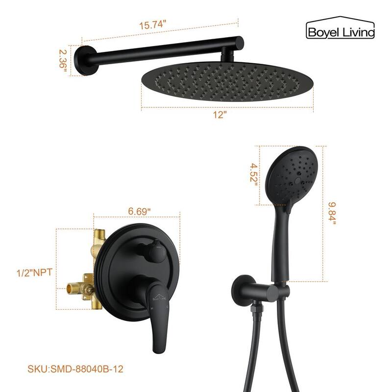 12 in. Wall Mount Dual Shower Heads with Valve in Matte Black W286347