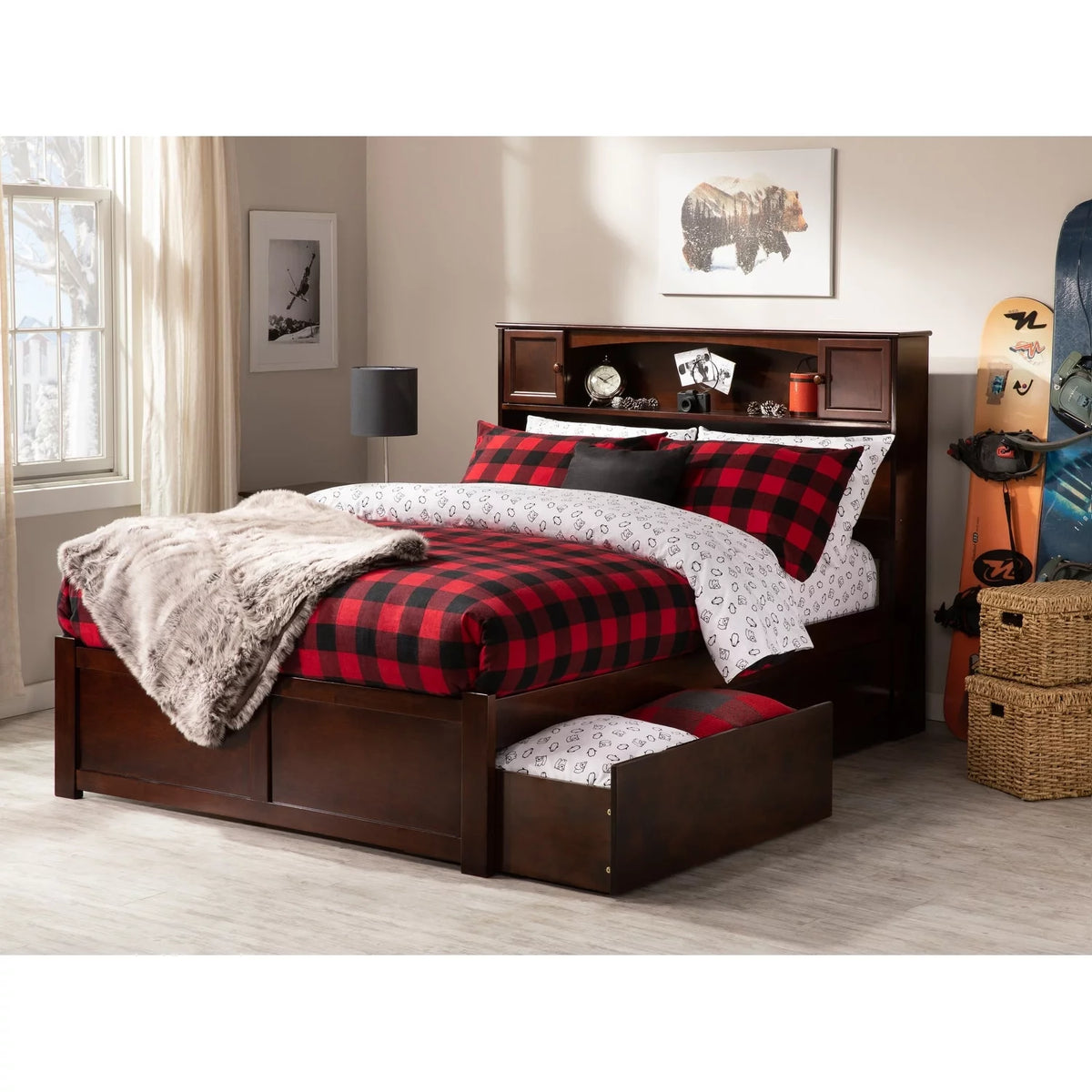 Walnut Full Platform Bed with Footboard 2 Drawers H789