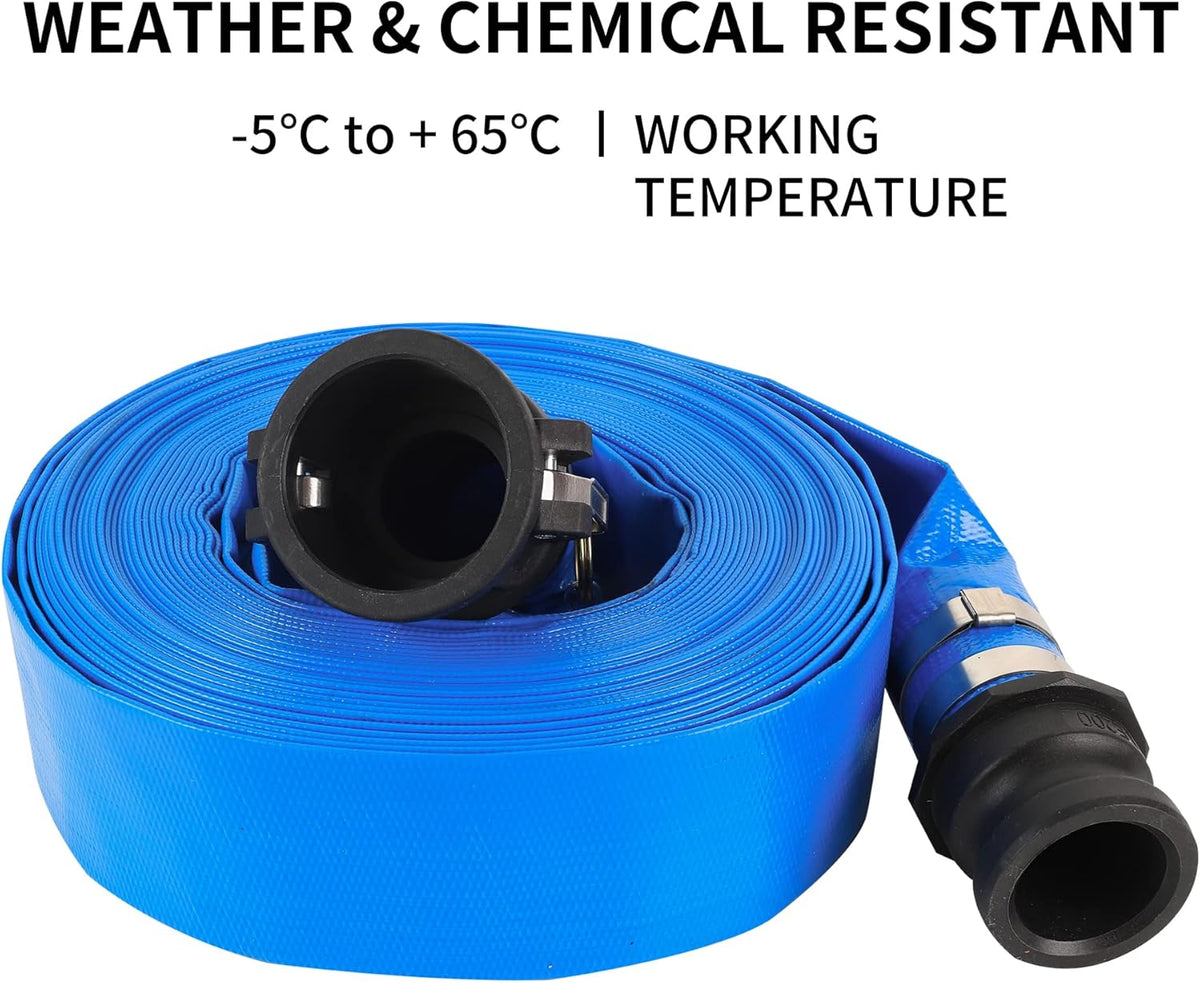 2 x 50FT Blue Discharge Hose with Camlock C and E Fittings, Reinforced PVC Lay Flat Backwash Hose Assembly V69915