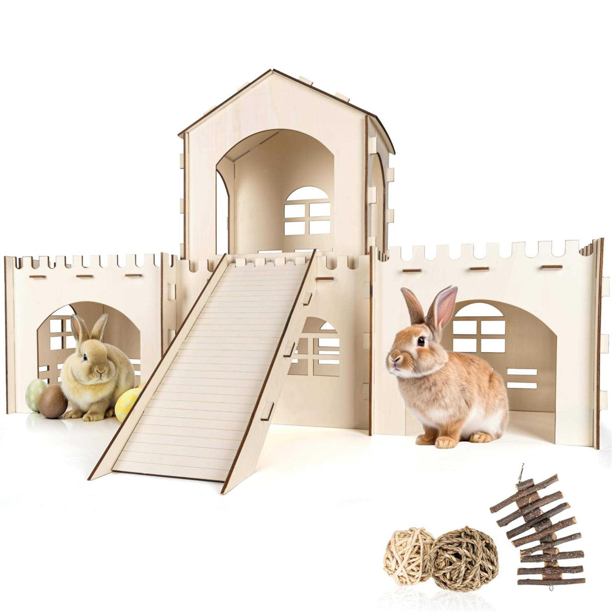 Large Wooden Rabbit Hideout with 3 Chew Toys & Staircase W9988