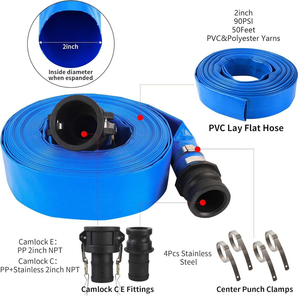 2 x 50FT Blue Discharge Hose with Camlock C and E Fittings, Reinforced PVC Lay Flat Backwash Hose Assembly V69915