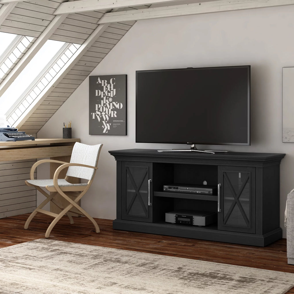 Black TV Stand with Two Side Cabinets and Open Shelves Z90522
