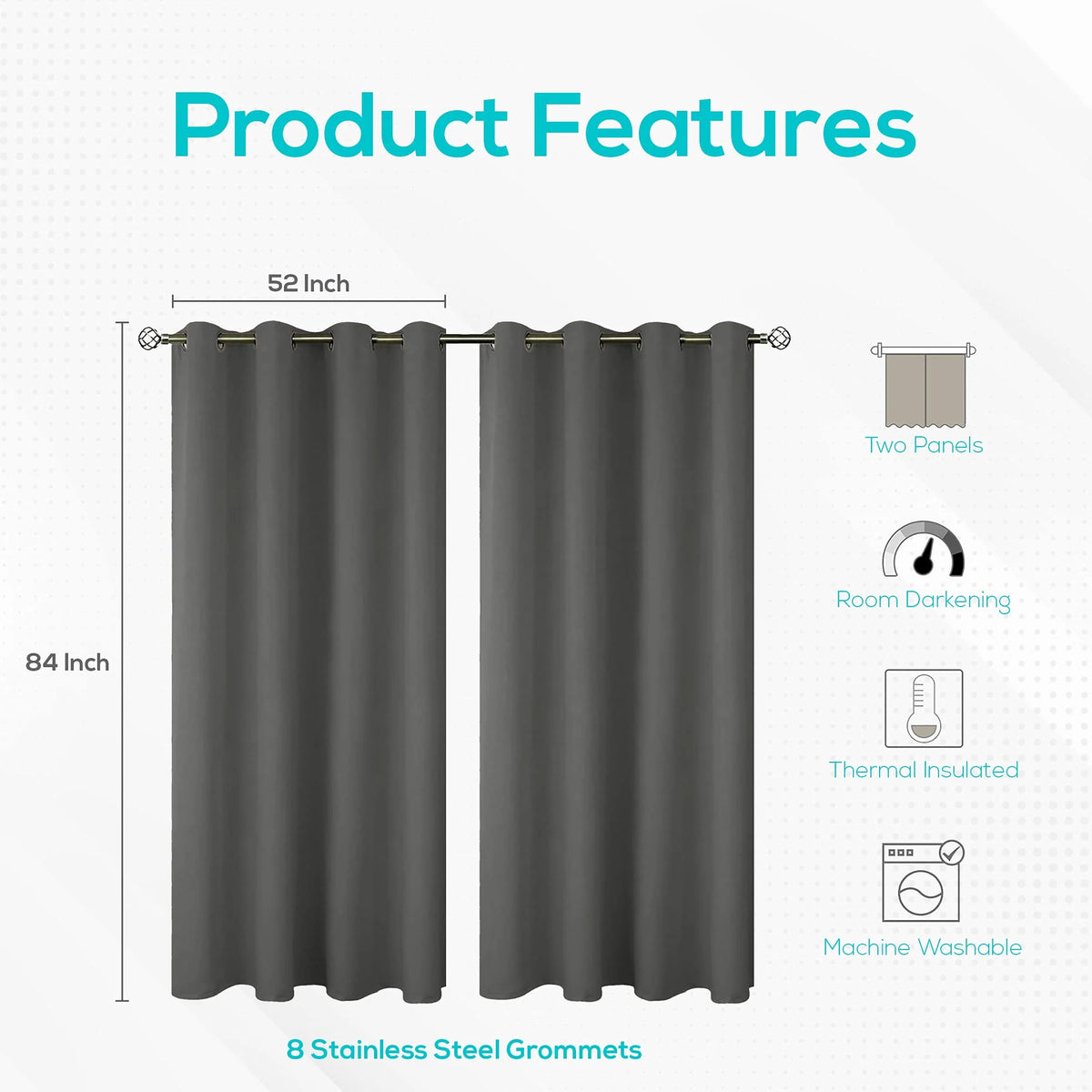 Grey 52x84 inch Grommet Blackout Curtains G697