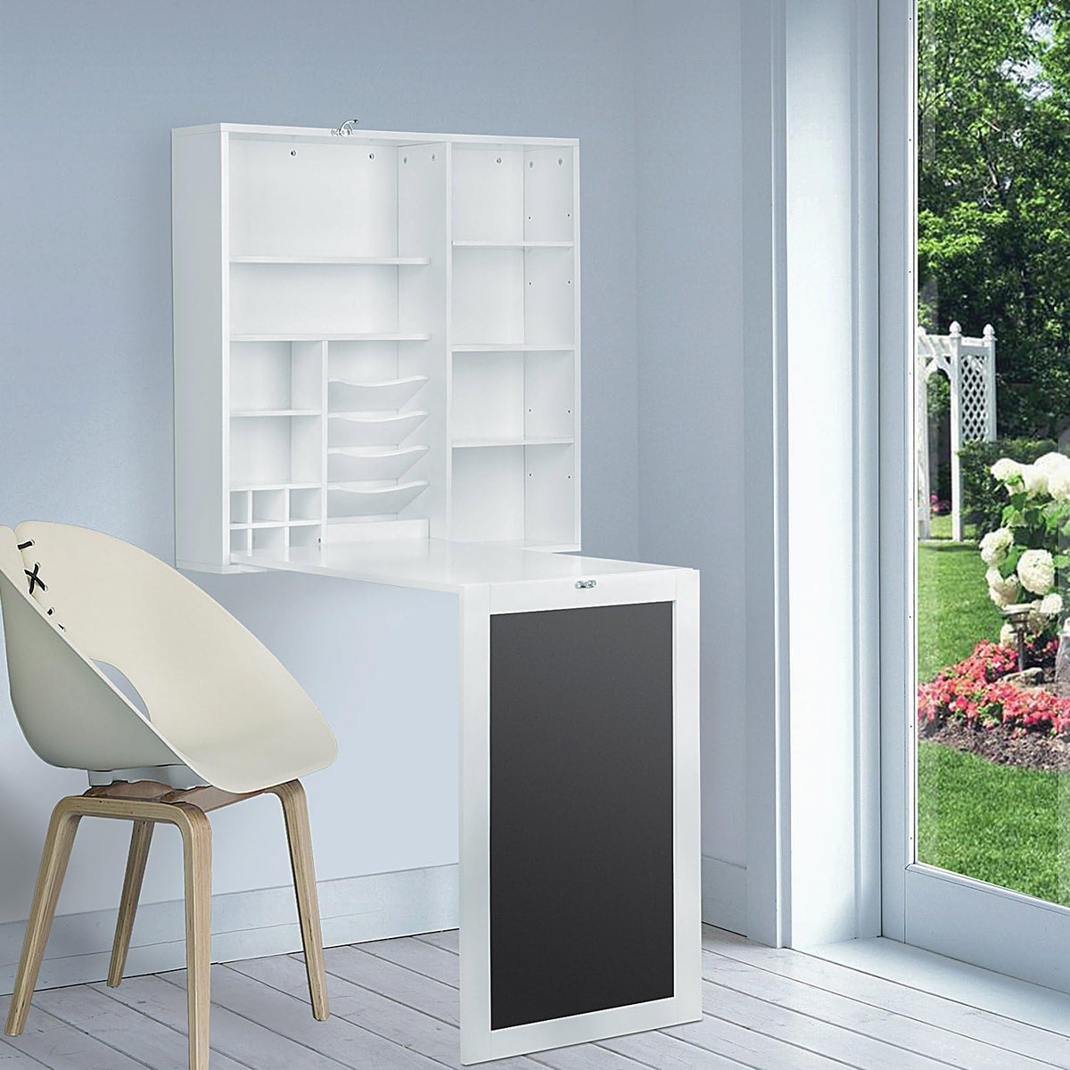 White Fold-Out Convertible Desk with Storage Cabinet and Shelves G8063