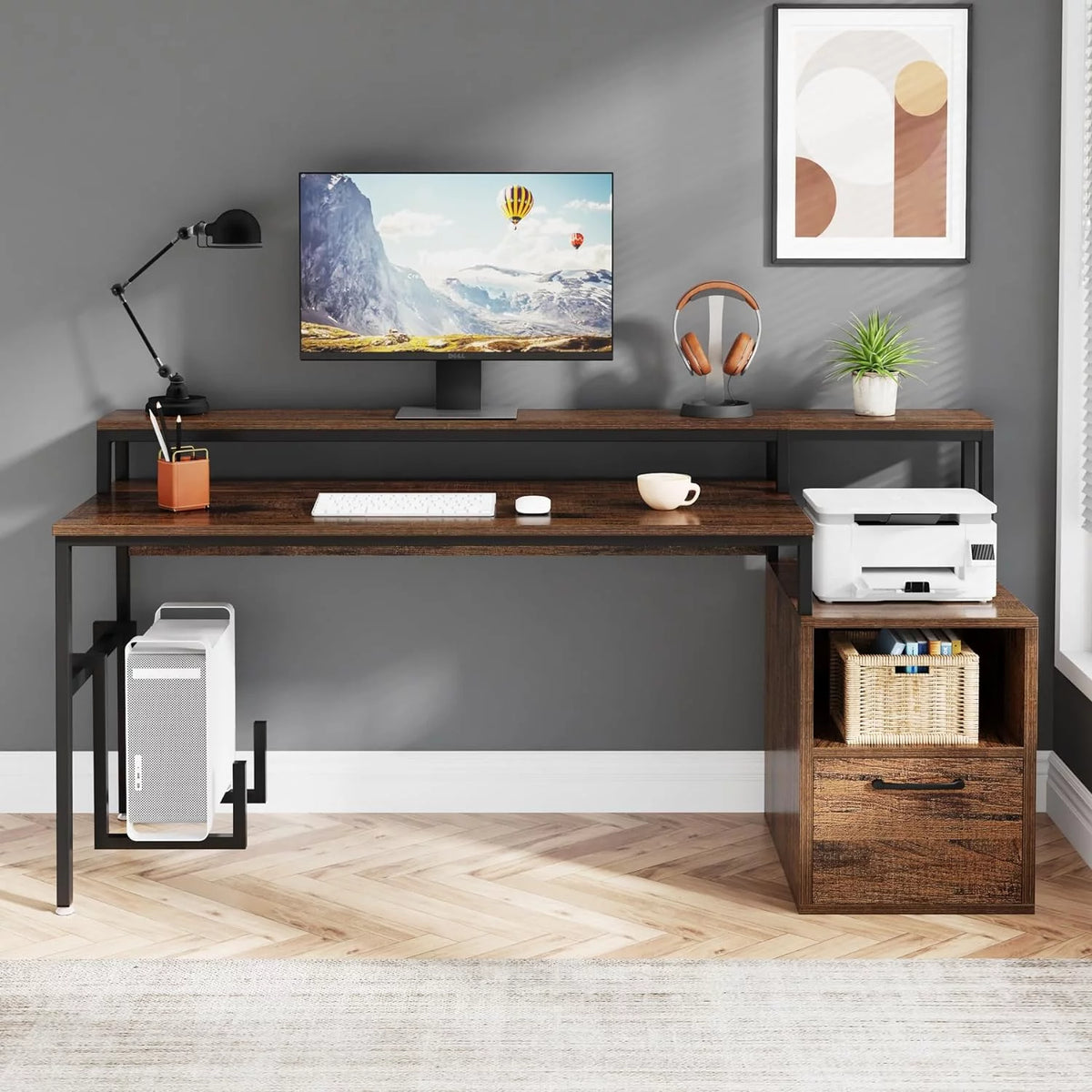 Brown Computer Desk with Monitor Stand and Drawer Q265