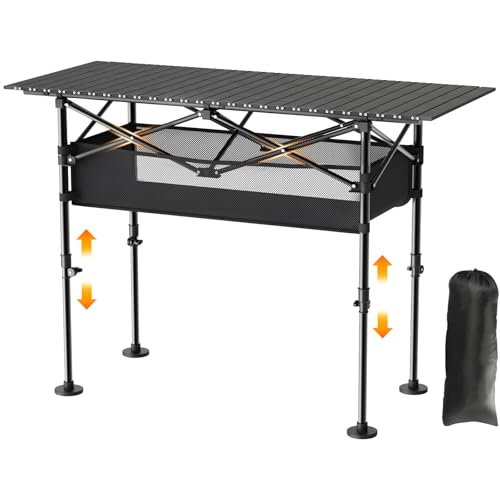Height Adjustable Folding Camping Table with Mesh Storage and Carrying Bag B94444