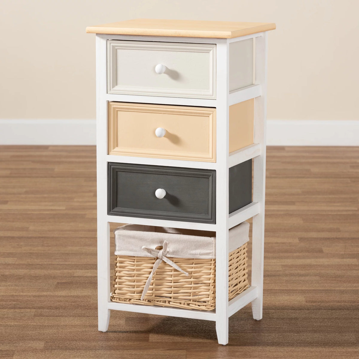 Multi-Colored Wood 3-Drawer Storage Unit with Basket E2142