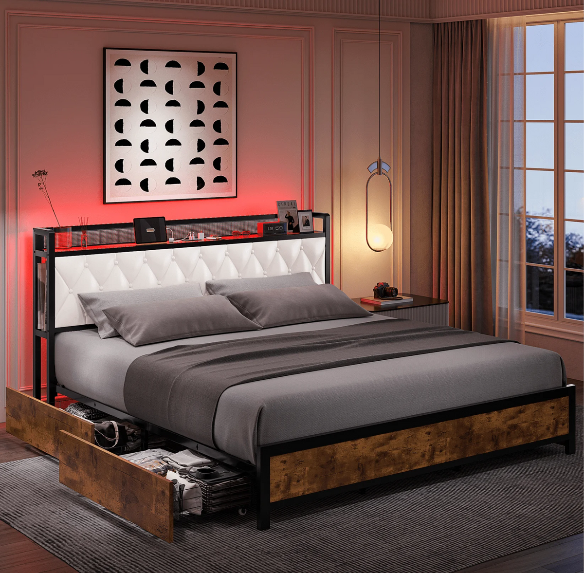 Black Full Size LED Bed Frame with 4 Storage Drawers W20102