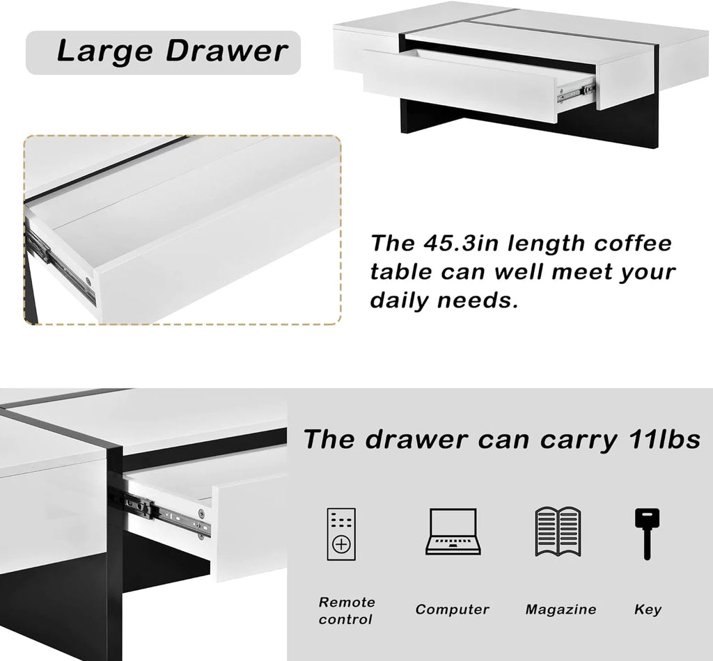 Rectangle Coffee Table with Large Drawer, High Gloss White G5771
