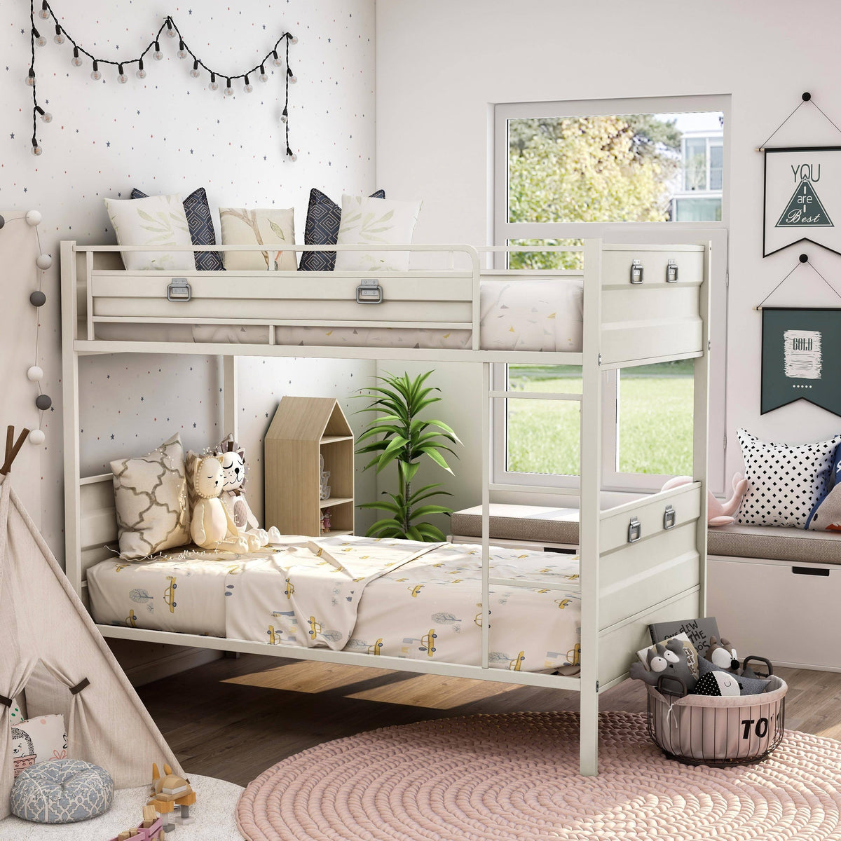 Industrial White Twin/Twin Metal Bunk Bed P6933
