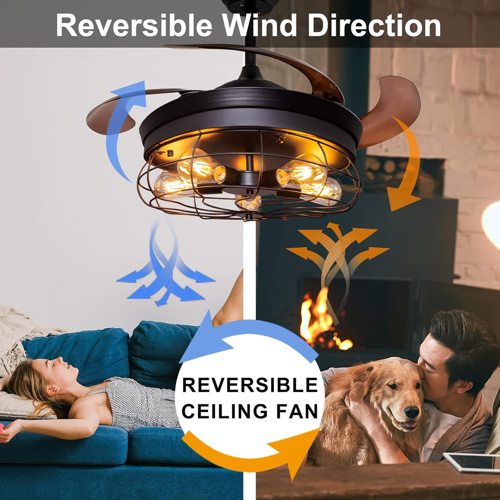 42'' Industrial Black Caged Ceiling Fan with Lights Remote Control E593288
