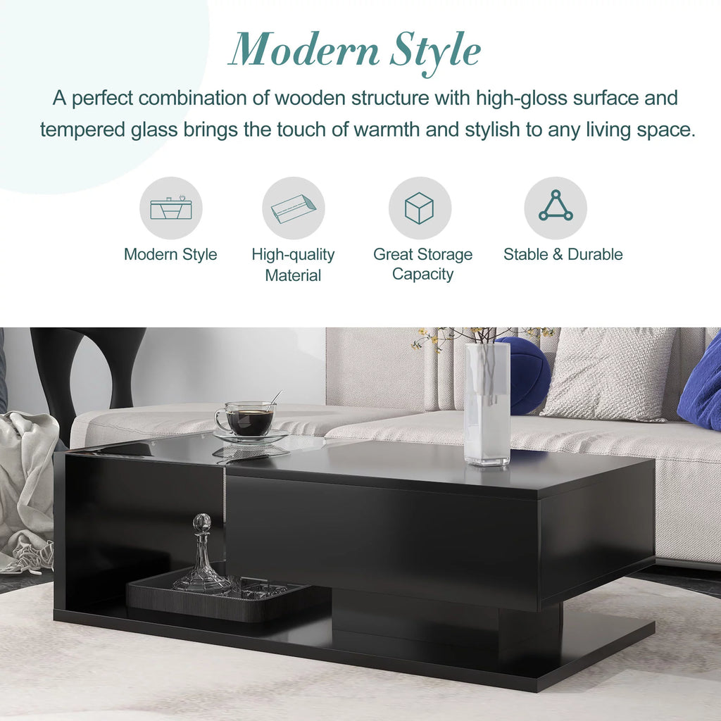 39.3" Black 2-Tier Coffee Table with Tempered Glass W869