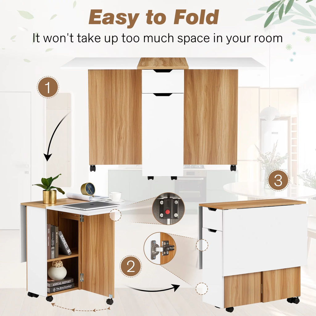 Folding Dining Table with 6 Wheels, Drawer and Storage Shelf, White and Wood Grain P504