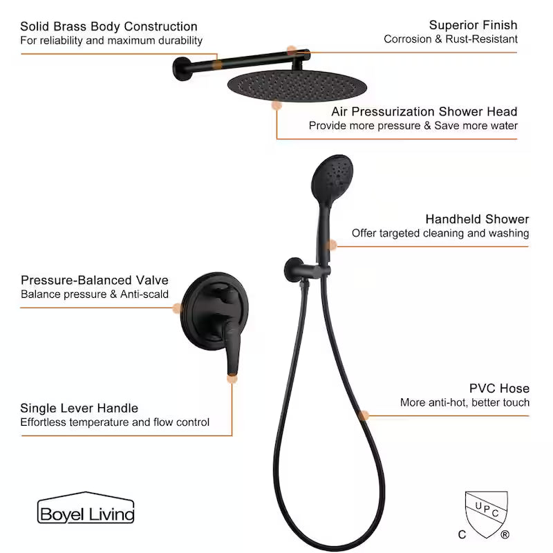 12 in. Wall Mount Dual Shower Heads with Valve in Matte Black W286347