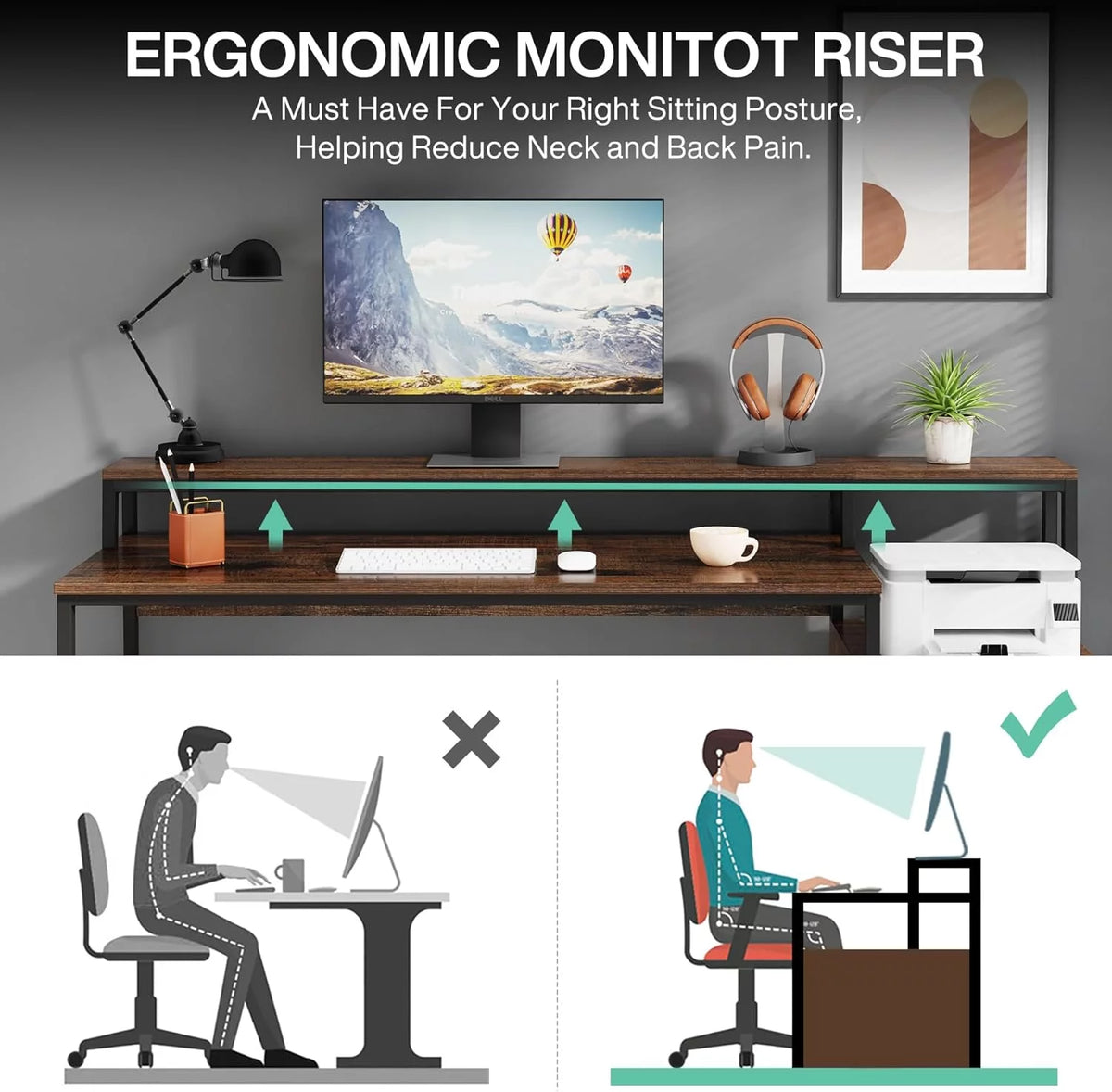 Brown Computer Desk with Monitor Stand and Drawer Q265