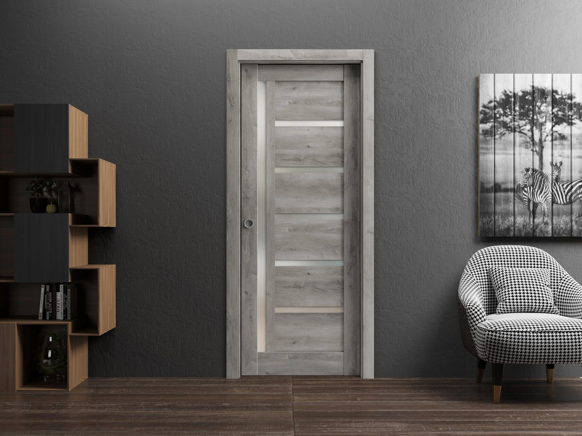 Solid Wood Sliding French Pocket Door with Frosted Glass B28213