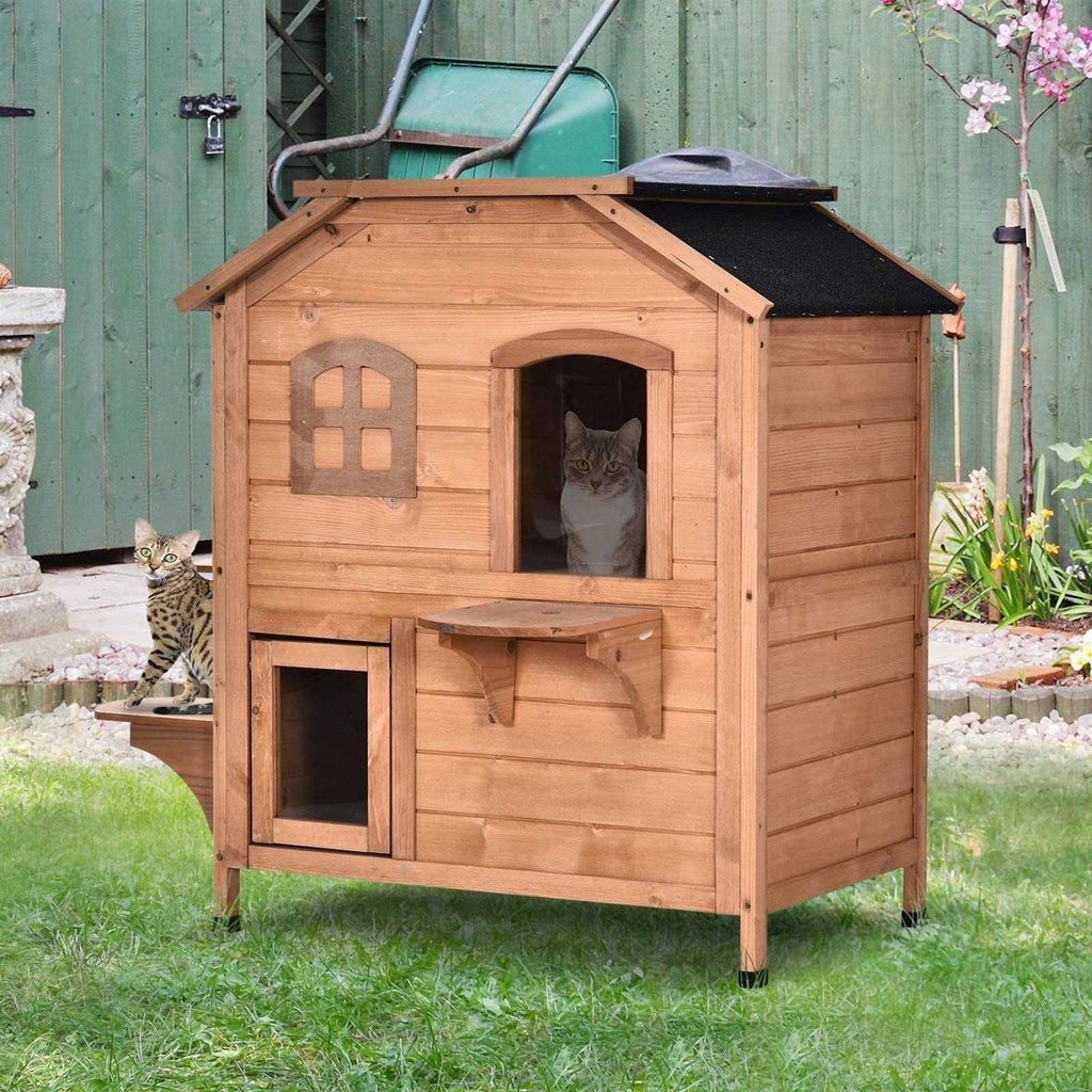 Wooden 2-Story Outdoor Cat House with Escape Door L41448