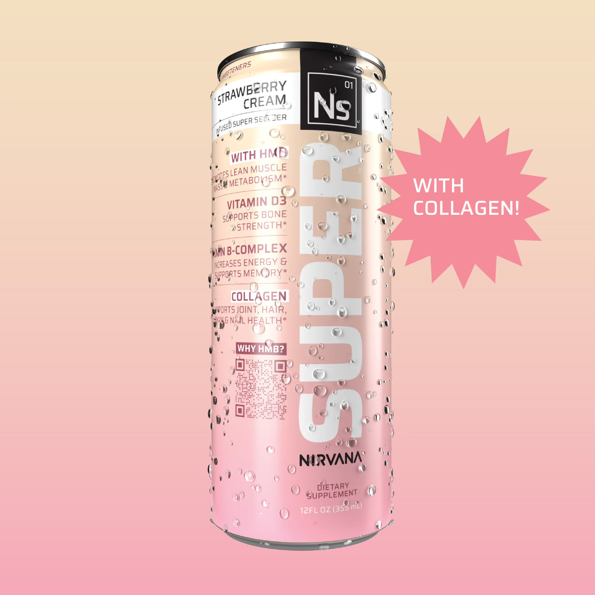 Strawberry Cream HMB-infused Seltzer with Vitamin D3, B-Complex, Caffeine, and Collagen (12 fl oz cans) S9246