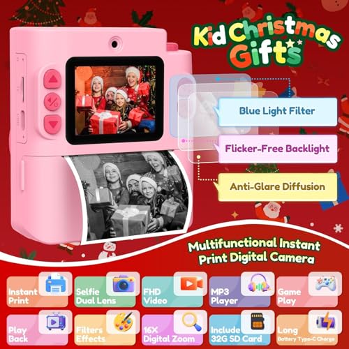 Instant Print Dual Lens Digital Camera with 32G SD Card Storage Bag Pink F18133