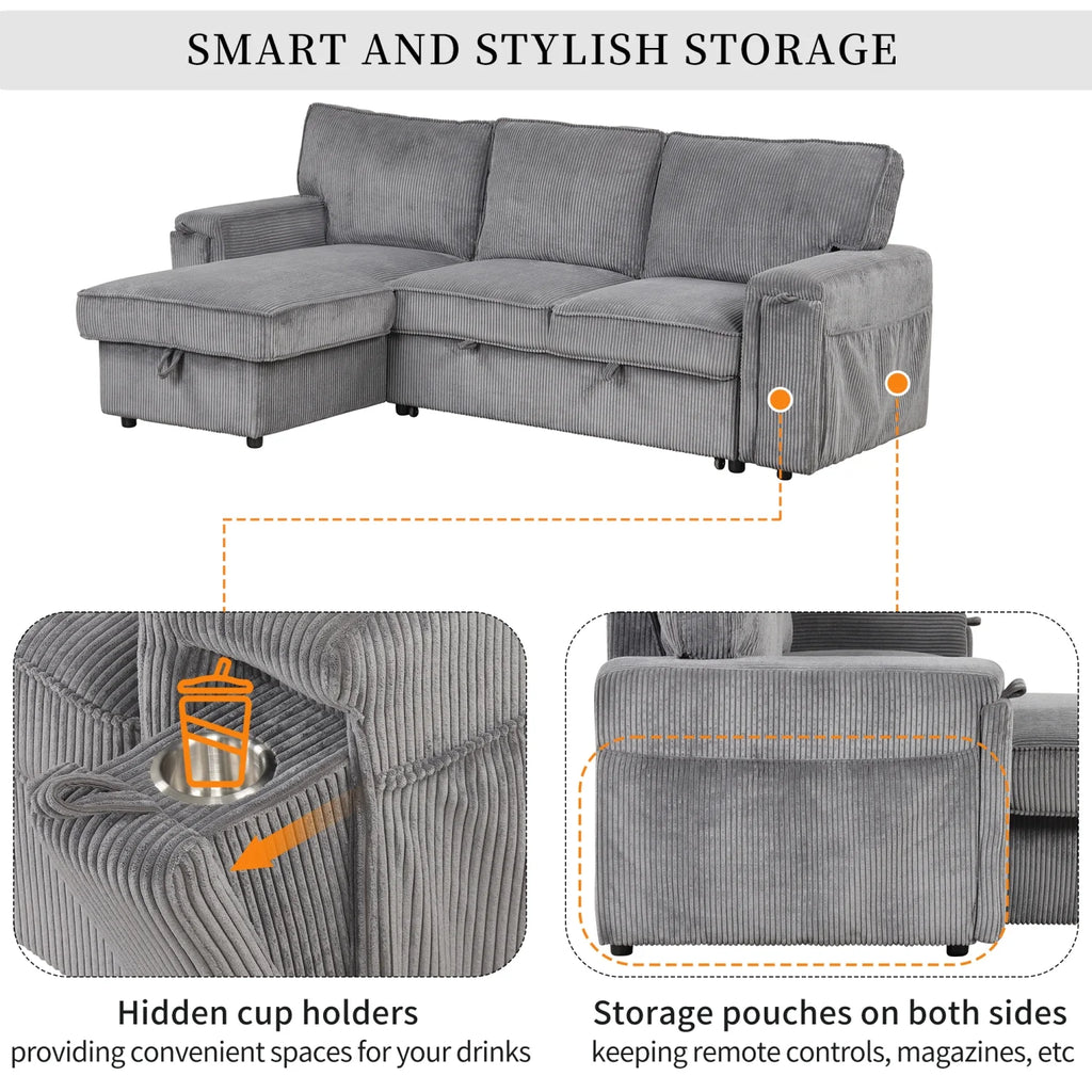 5 Seat Corduroy Fabric Sleeper Sectional Sofa with Storage Ottomans O110663