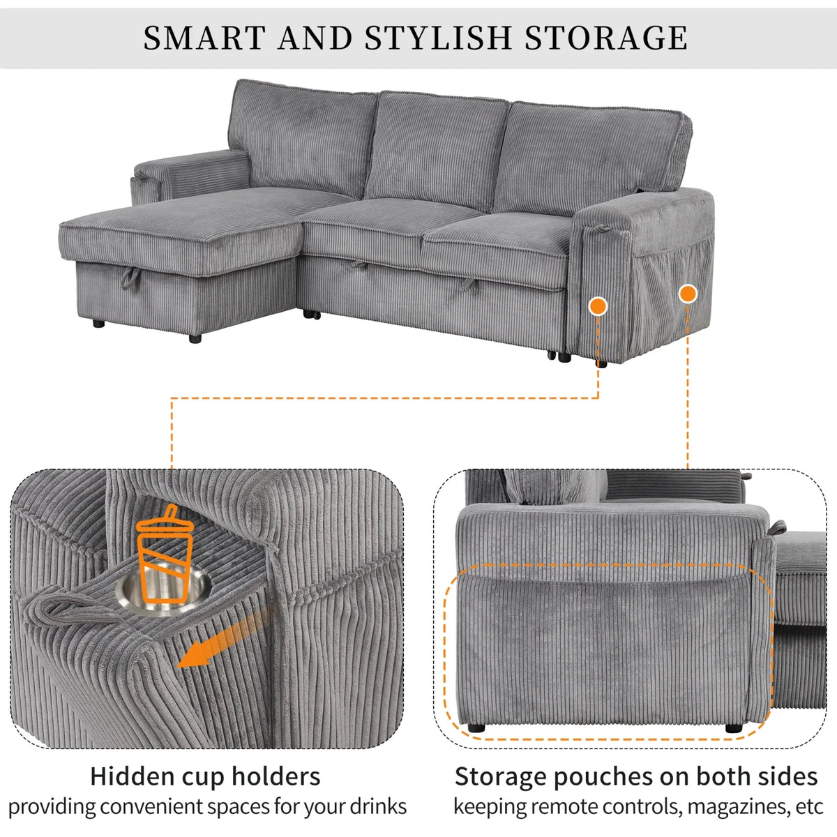 5 Seat Corduroy Fabric Sleeper Sectional Sofa with Storage Ottomans O110663