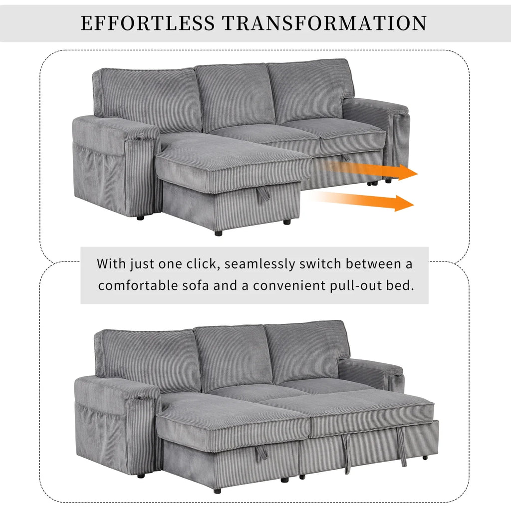 5 Seat Corduroy Fabric Sleeper Sectional Sofa with Storage Ottomans O110663