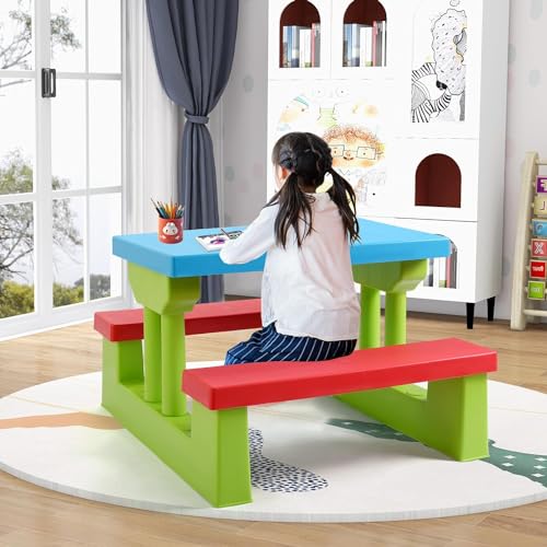 Kids Plastic Picnic Table with Umbrella Q81497