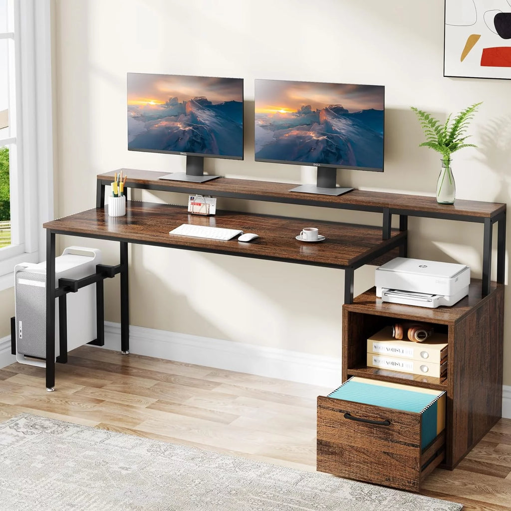 Brown Computer Desk with Monitor Stand and Drawer Q265