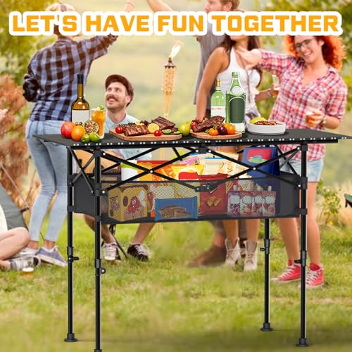 Height Adjustable Folding Camping Table with Mesh Storage and Carrying Bag B94444