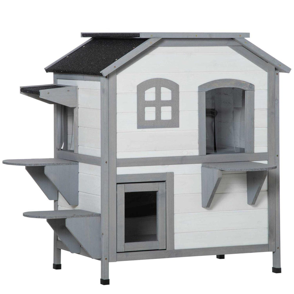 Wooden 2-Story Outdoor Cat House with Escape Door L41448