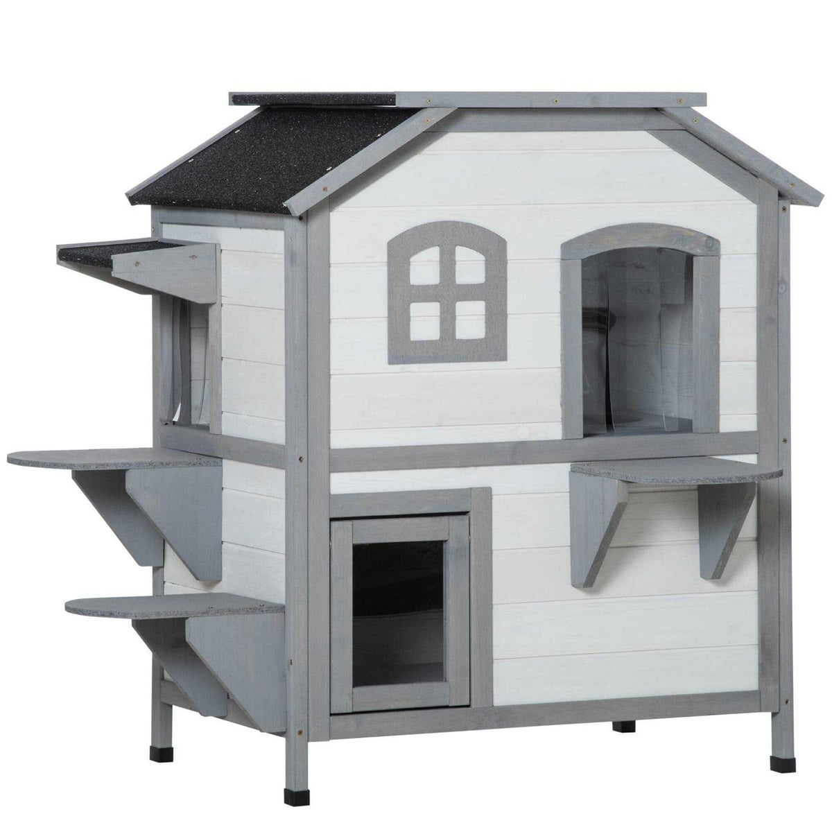Wooden 2-Story Outdoor Cat House with Escape Door L41448