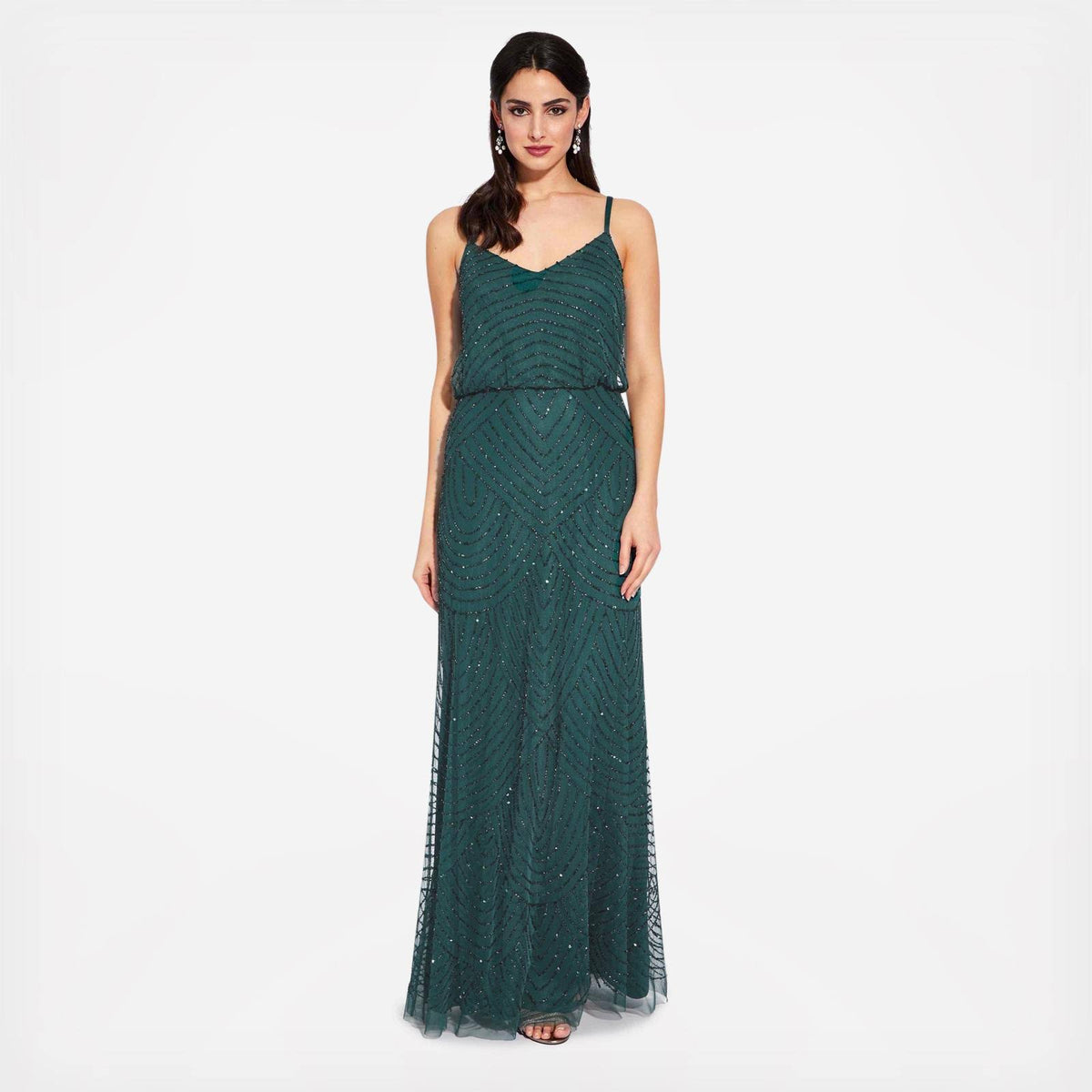 Beaded Blouson Gown, Dusty Emerald, Size: 14 E434168