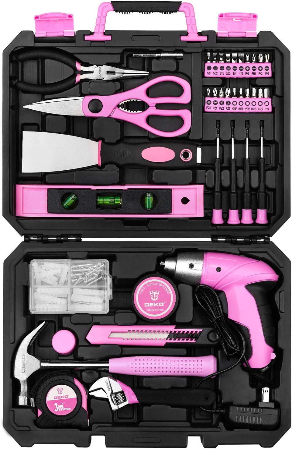 98 Piece Pink Hand Tool Set with Plastic Toolbox Storage Case U10020