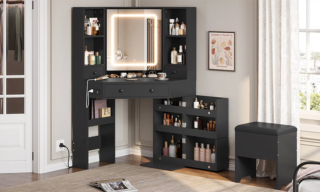 Black Corner Vanity Desk with Lighted Mirror and Storage Stool W8321