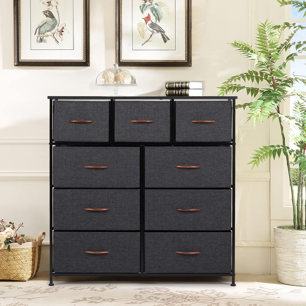 Grey 9 Drawer Dresser with Steel Frame and Wooden Top M524